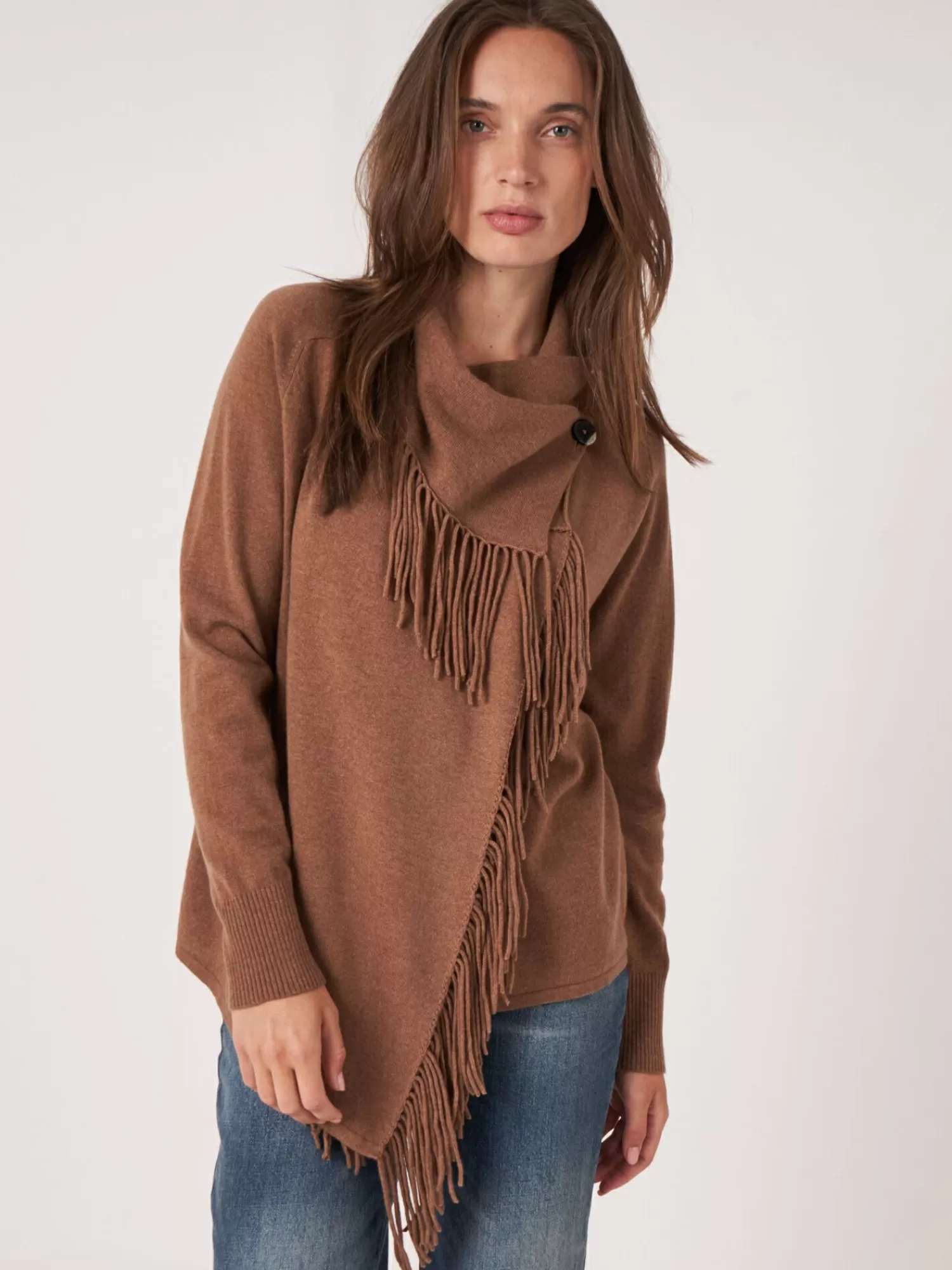 Veste Femme Asymétrique en Mélange Cachemire - Détails Frangés Bohèmes - Modèle Automne/Hiver Élégant