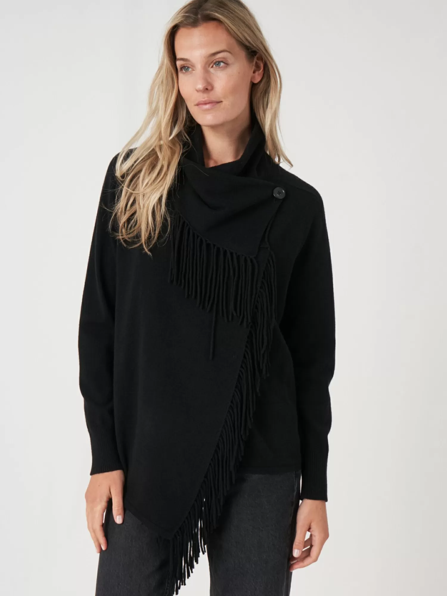 Découvrez la veste femme asymétrique : élégance frangée en mélange cachemire - pièce unique pour votre garde-robe