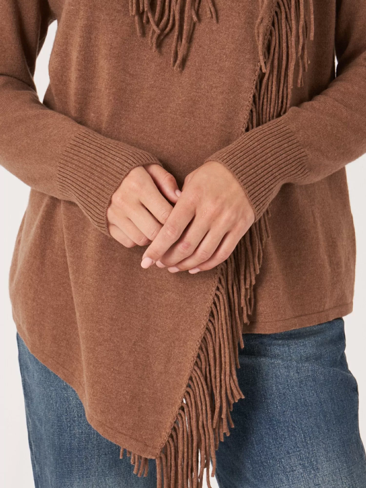 Veste Femme Asymétrique en Mélange Cachemire - Détails Frangés Bohèmes - Modèle Automne/Hiver Élégant