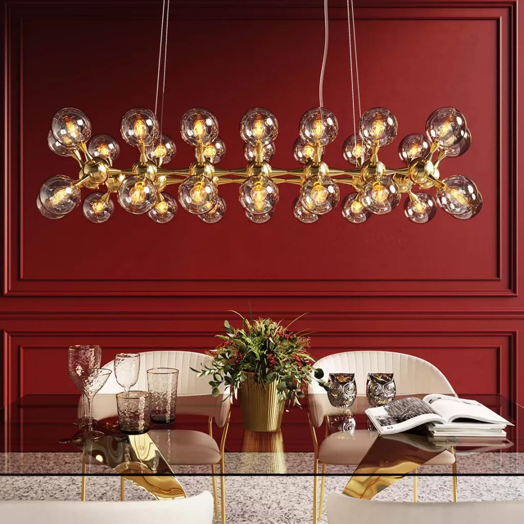 Luminaire Suspendu Élégant par KARE Design : Sphères Atomiques en Laiton, Longueur 140 cm - Suspension Moderne pour Intérieur Design