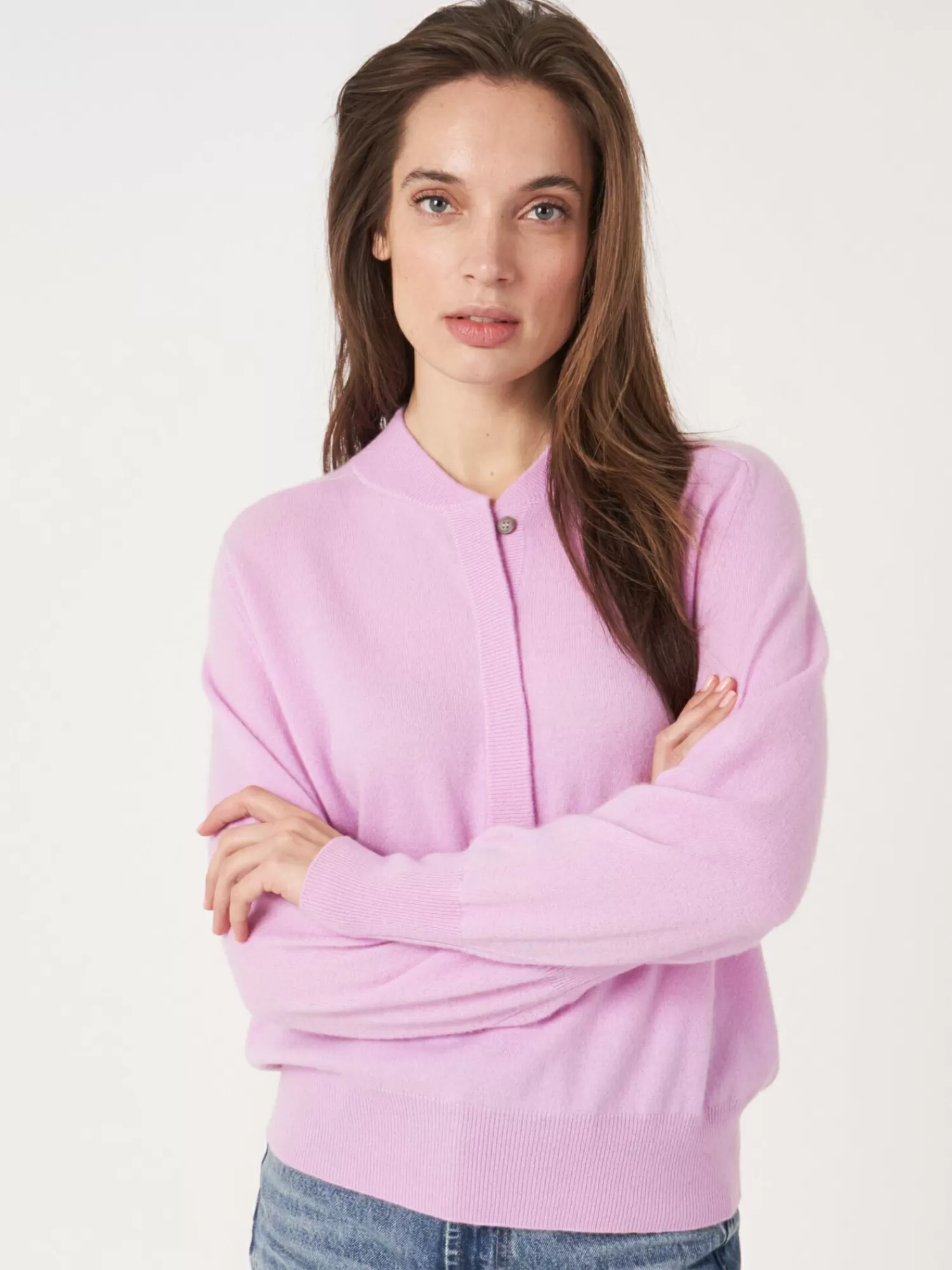 Pull en cachemire féminin - Col rond sportif et fermeture boutonnée asymétrique