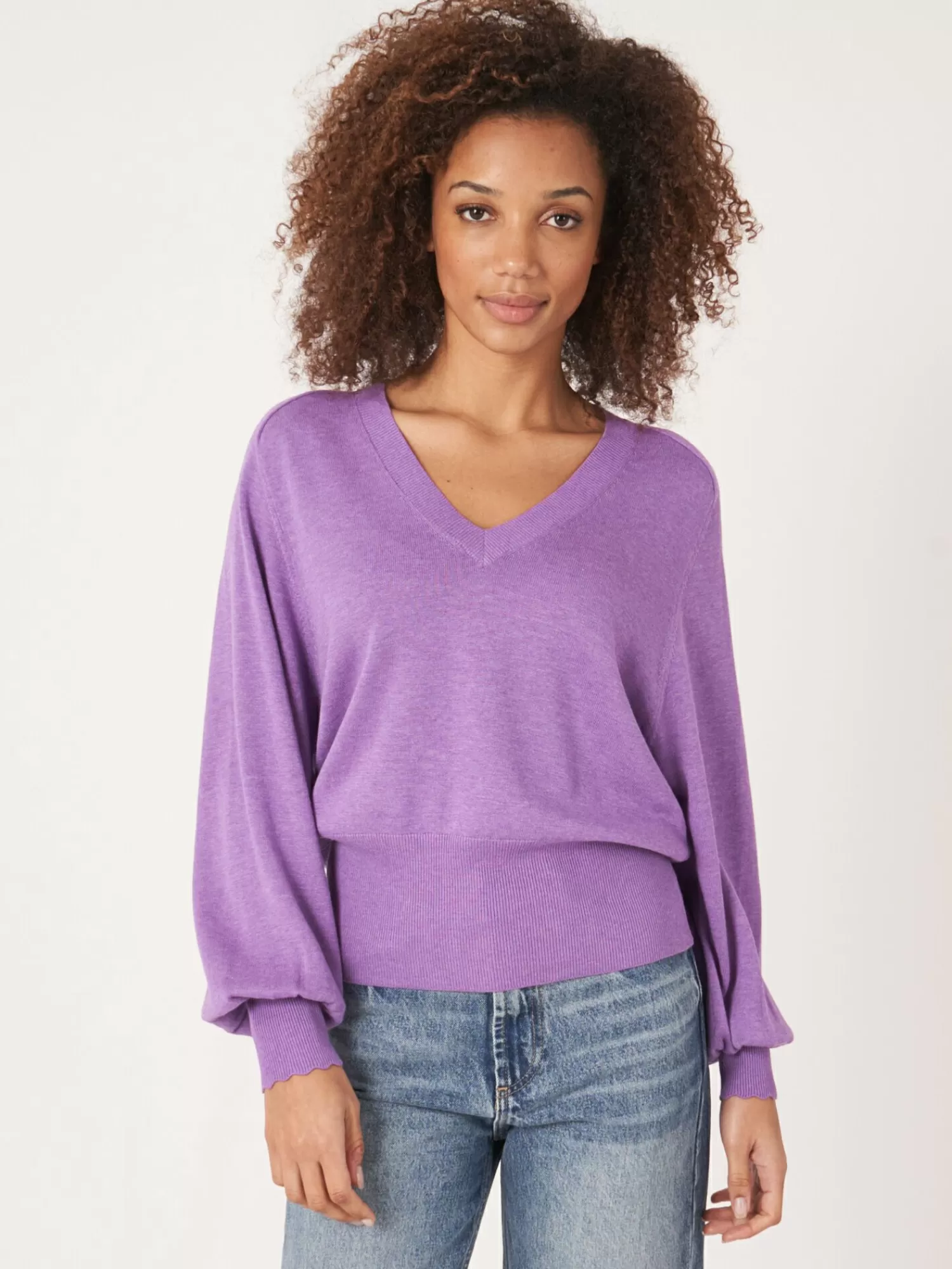 Pull Femme à Encolure V Plongeant avec Manches Ballon Épaisses - Style Tendance Confortable