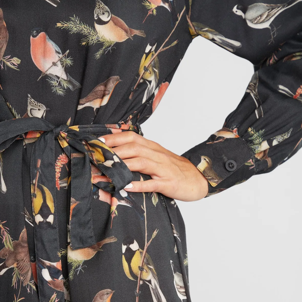 Robe Femme Automne - Motifs Oiseaux Élégants en Noir | Collection Sunne à Petit Prix