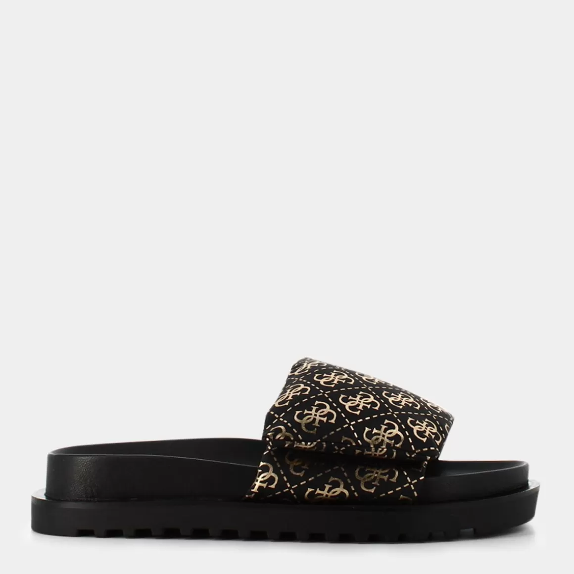 Sandales GUESS en cuir noir verni - Modèle automne avec détails métallisés argentés | Promotion exclusive sur la collection élégante