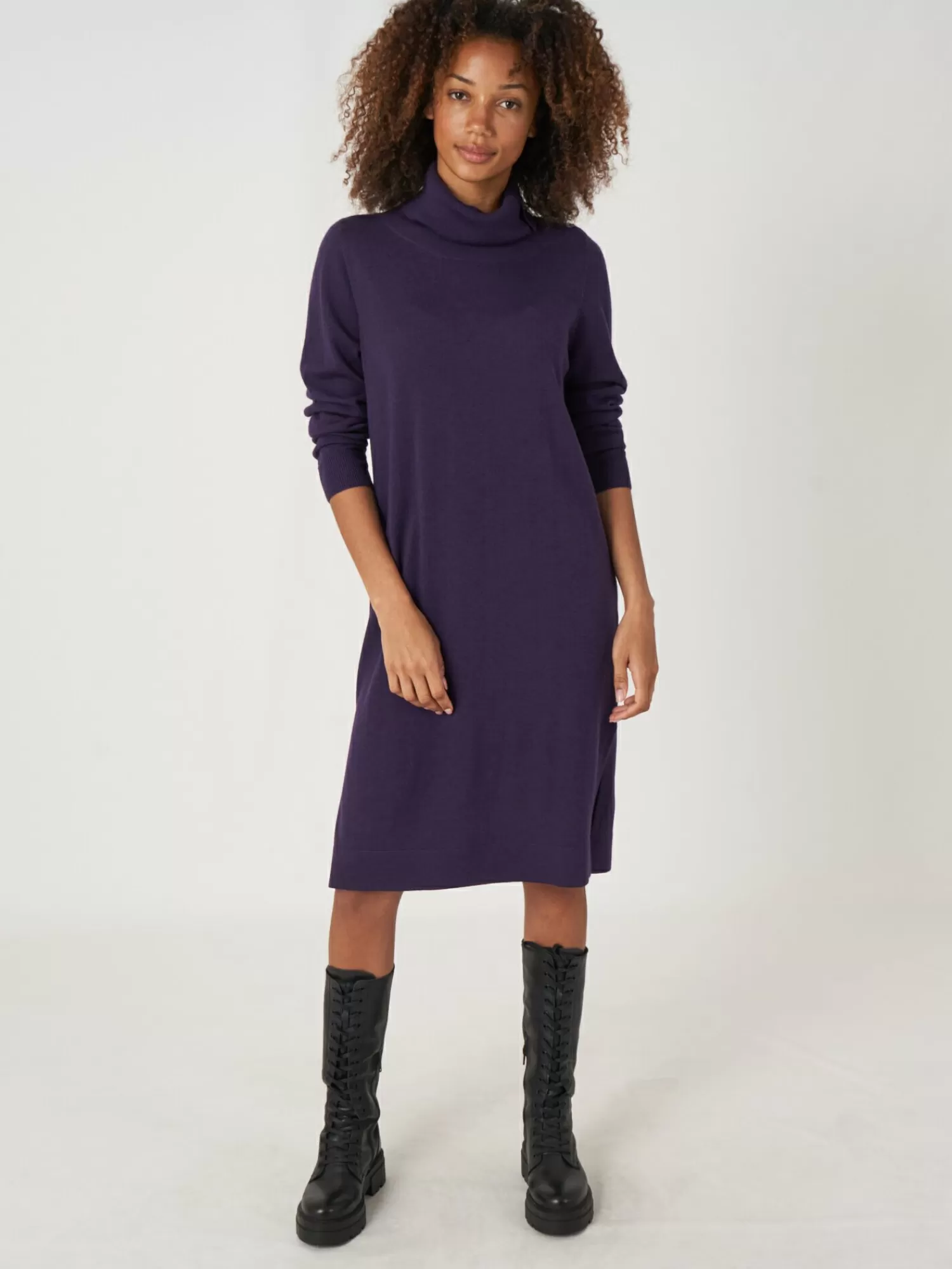 Robe Élégante Tricotée avec Col Montant à Nœud et Fente Latérale - Robe et Jupe Femme Style Tendance - Confortable et Abordable