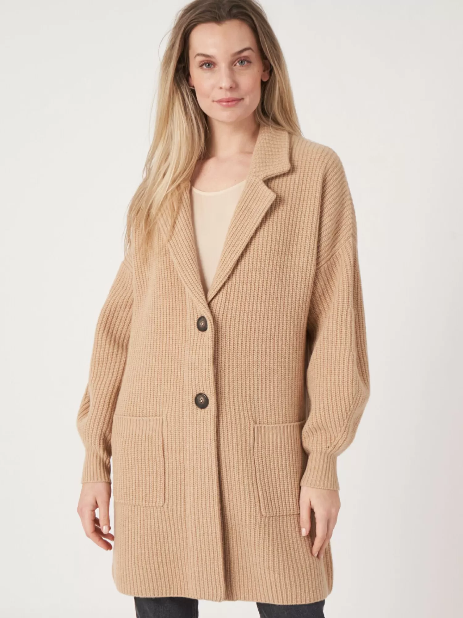 Gilet Femme Élégant Mi-Long en Maille Côtelée avec Col Revers Décontracté