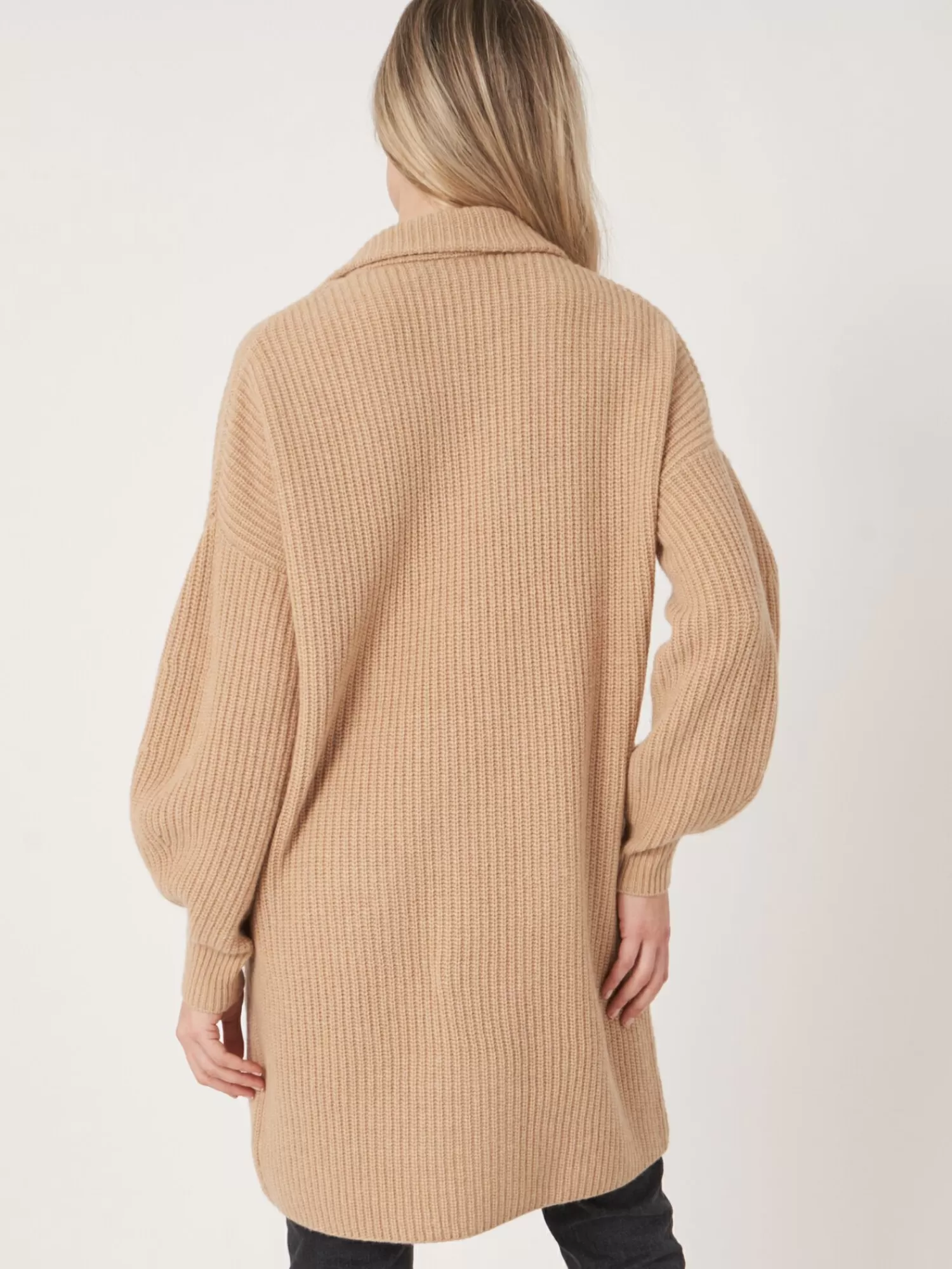 Gilet Femme Élégant Mi-Long en Maille Côtelée avec Col Revers Décontracté