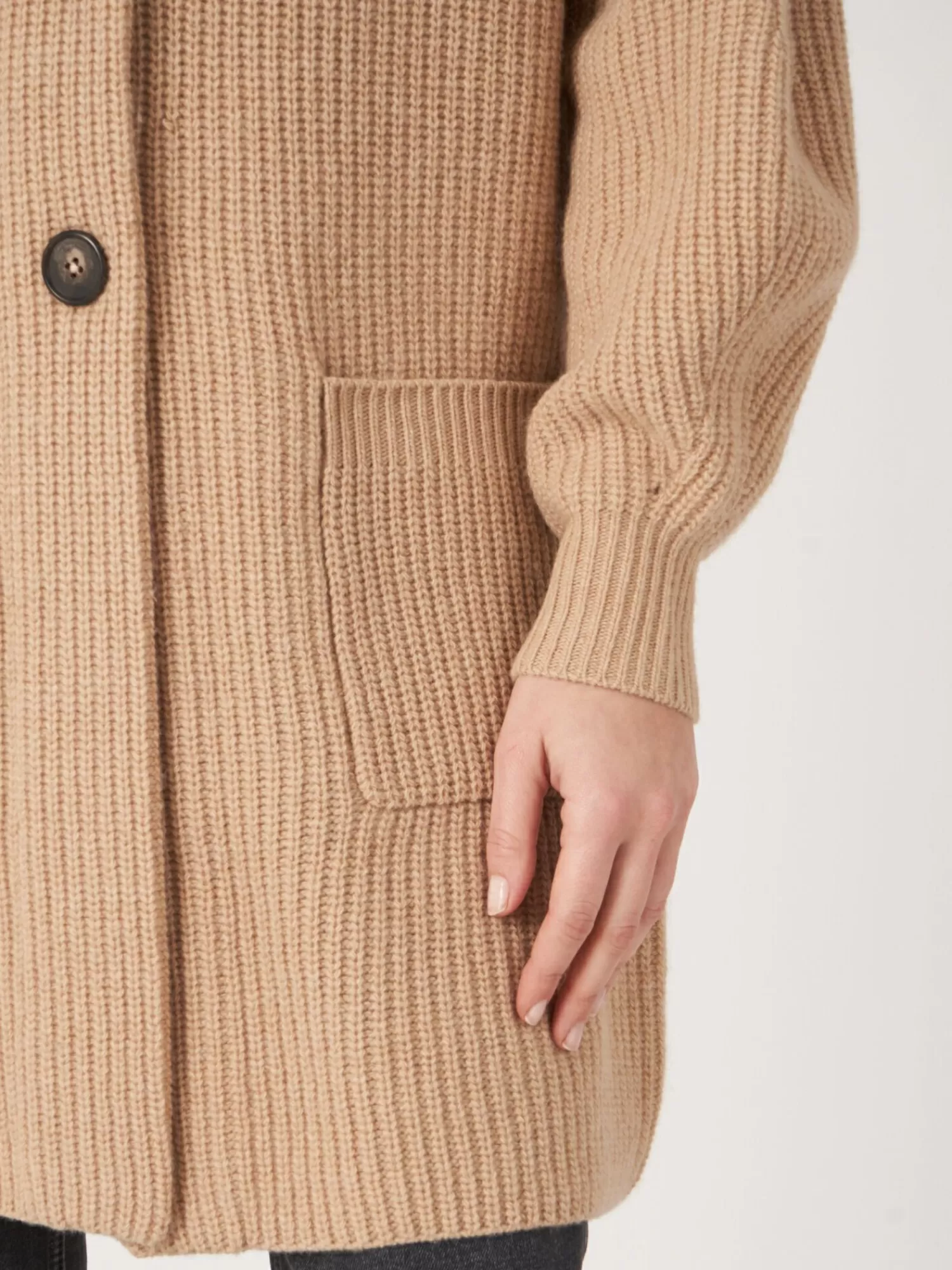 Gilet Femme Élégant Mi-Long en Maille Côtelée avec Col Revers Décontracté