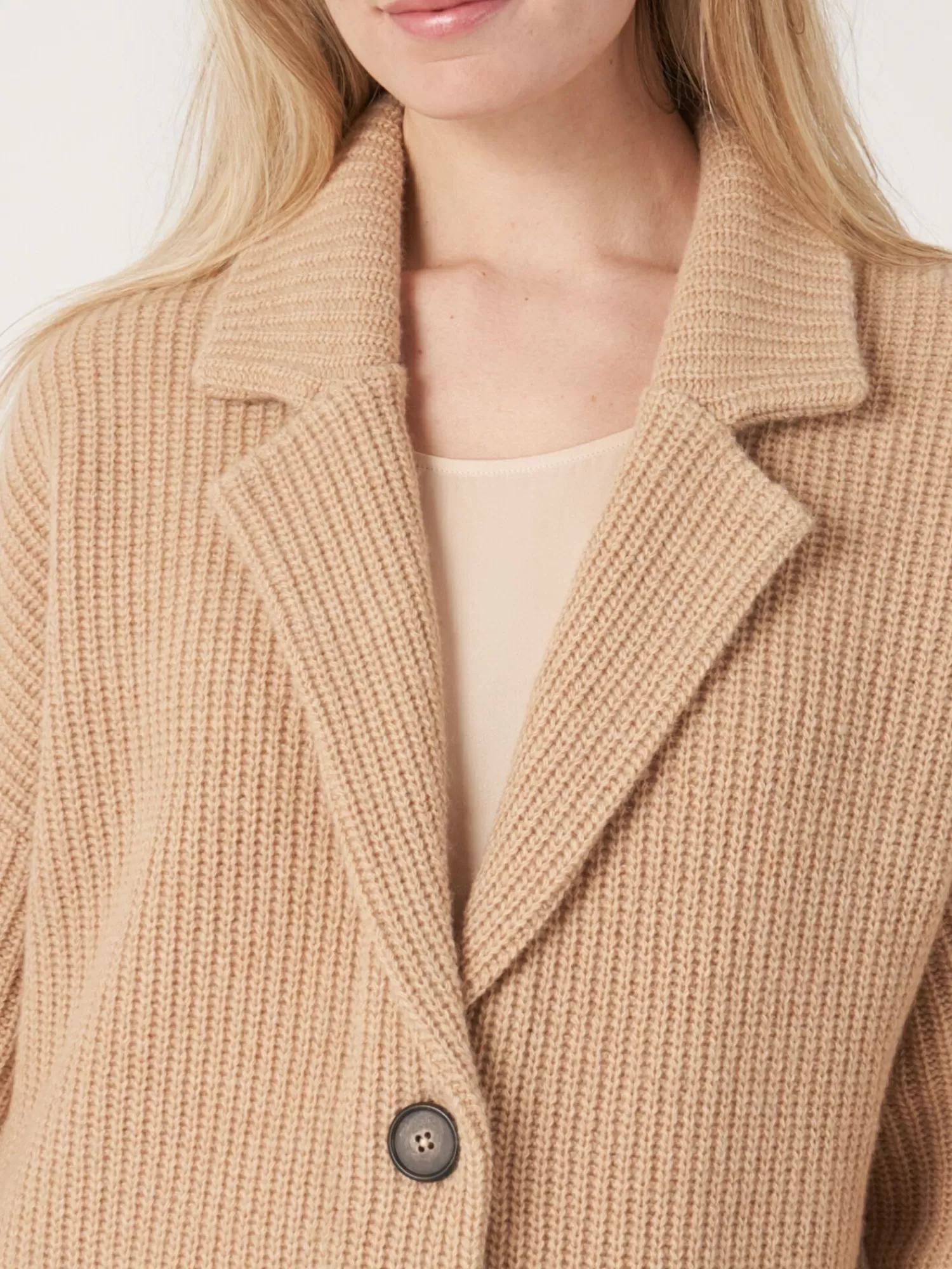 Gilet Femme Élégant Mi-Long en Maille Côtelée avec Col Revers Décontracté