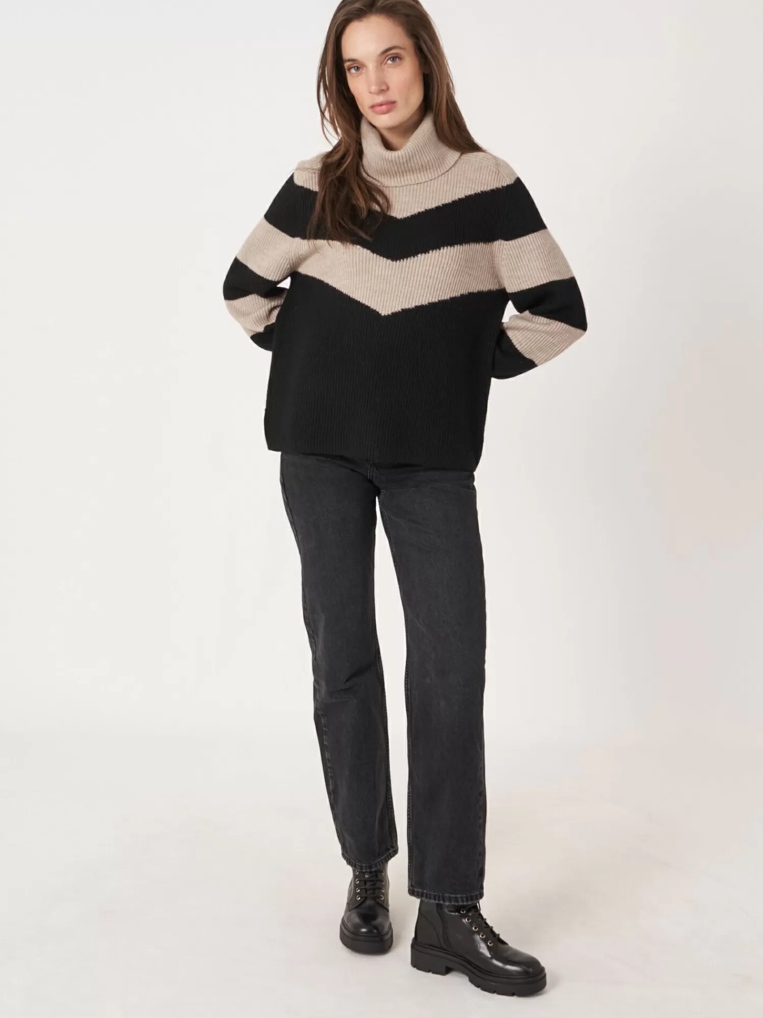 Sweat Femme à Motifs Chevron Intarsia - Col Roulé Tendance - Prix Doux