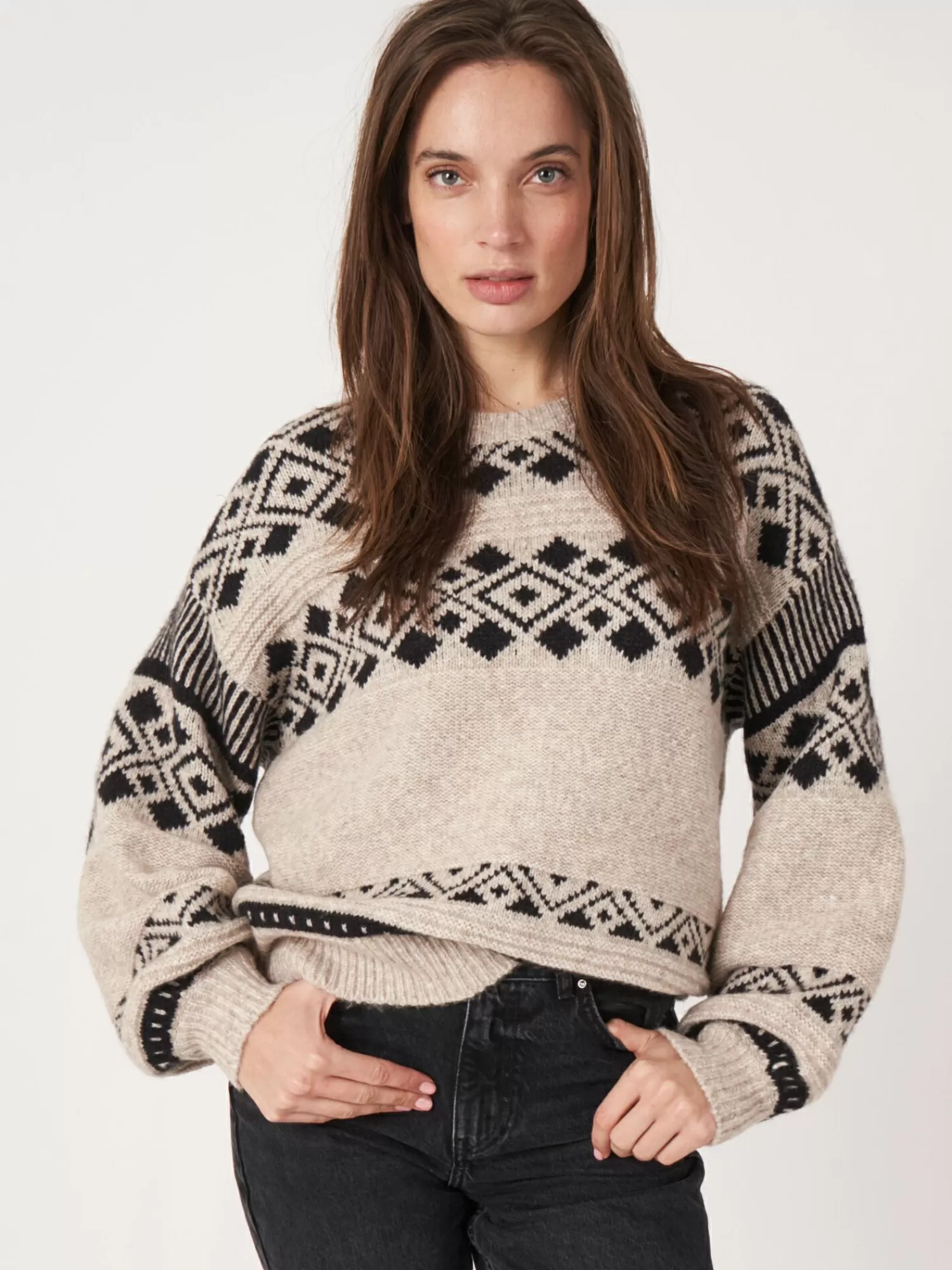 Pull Femme Élégant en Laine Italienne - Motif Intarsia Artisanal, Confort Haut de Gamme