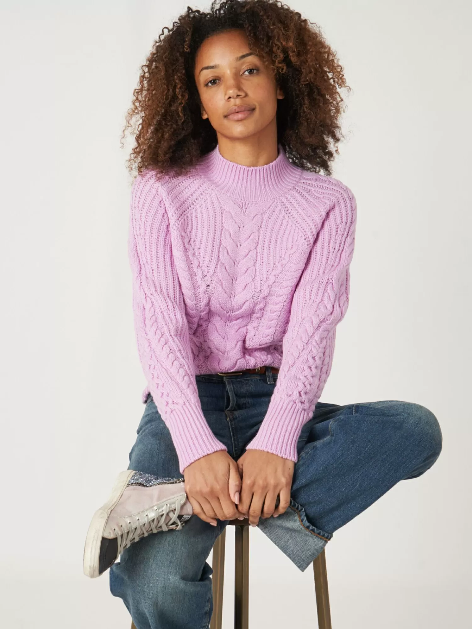 Pull femme en laine mérinos - Col montant et motif câblé - Confort élégant à petit prix