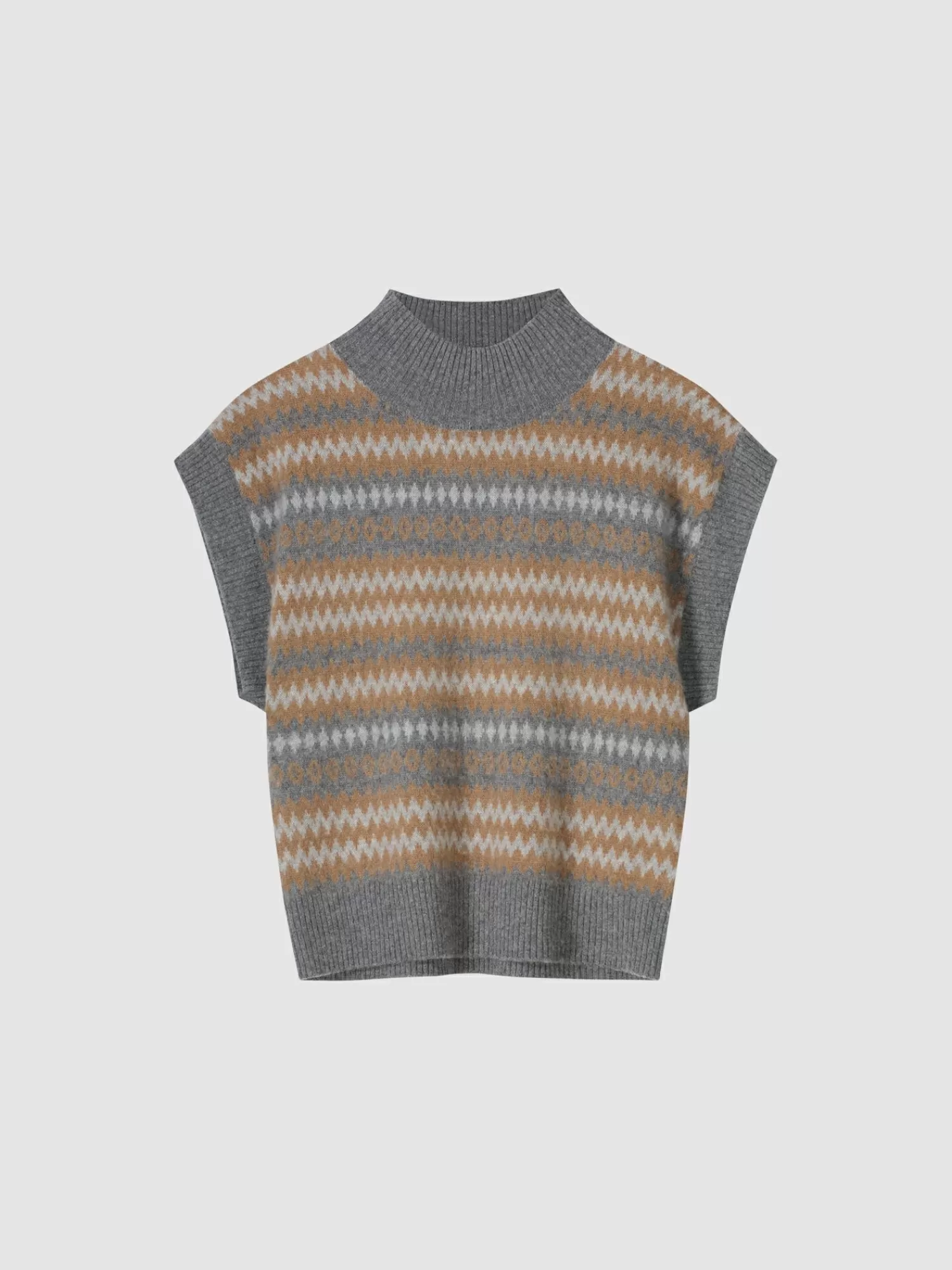 Pull femme sans manches en laine - Col montant côtelé et motifs intarsia - Tendance automne-hiver