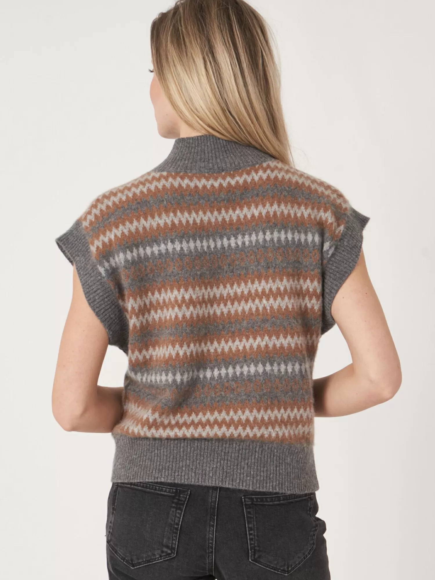 Pull femme sans manches en laine - Col montant côtelé et motifs intarsia - Tendance automne-hiver