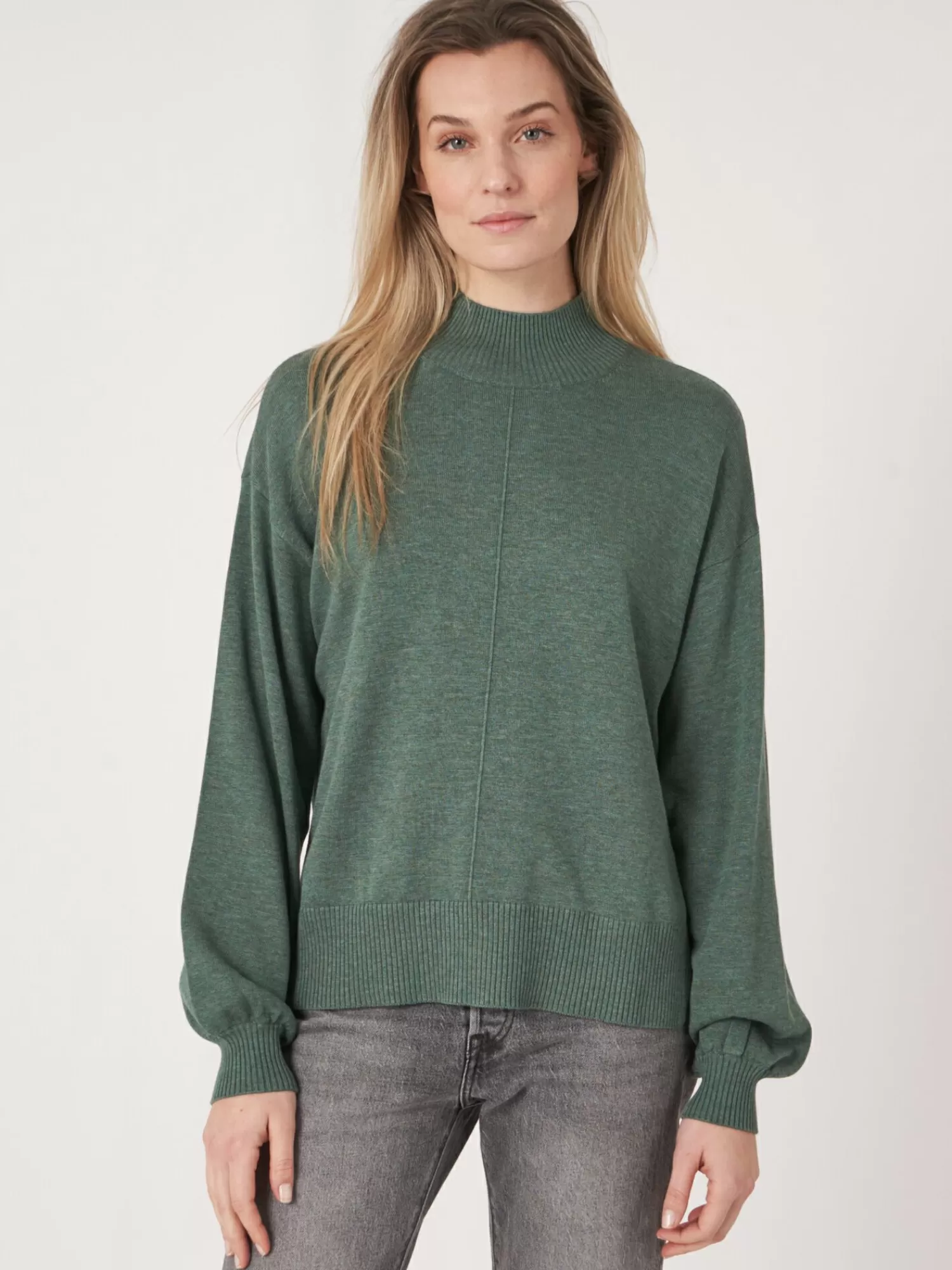 Pull Femme Col Montant Manches Bouffantes en Mélange Coton - Modèle Confortable & Tendance