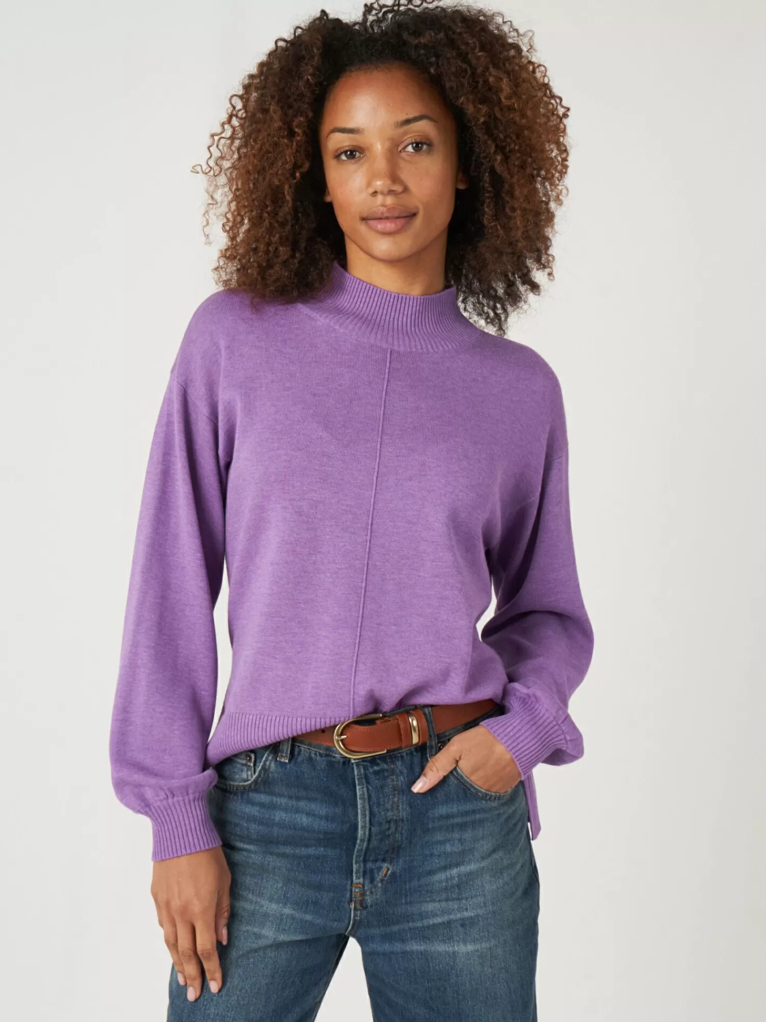 Pull hiver doux pour femme - Col haut & manches bouffantes en mélange coton confortable