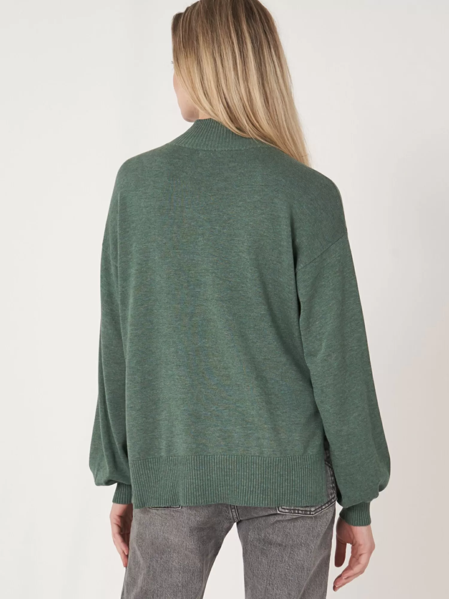 Pull Femme Col Montant Manches Bouffantes en Mélange Coton - Modèle Confortable & Tendance