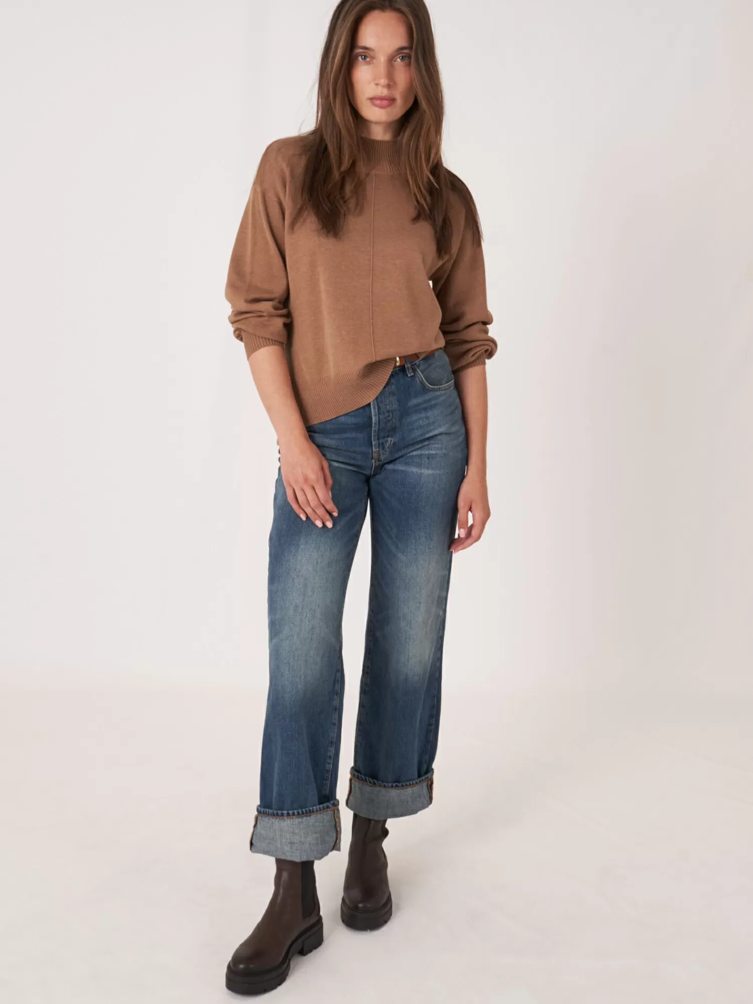 Pull femme doux et tendance - Col montant & manches ballon en mélange coton, idéal pour un look moderne et confortable