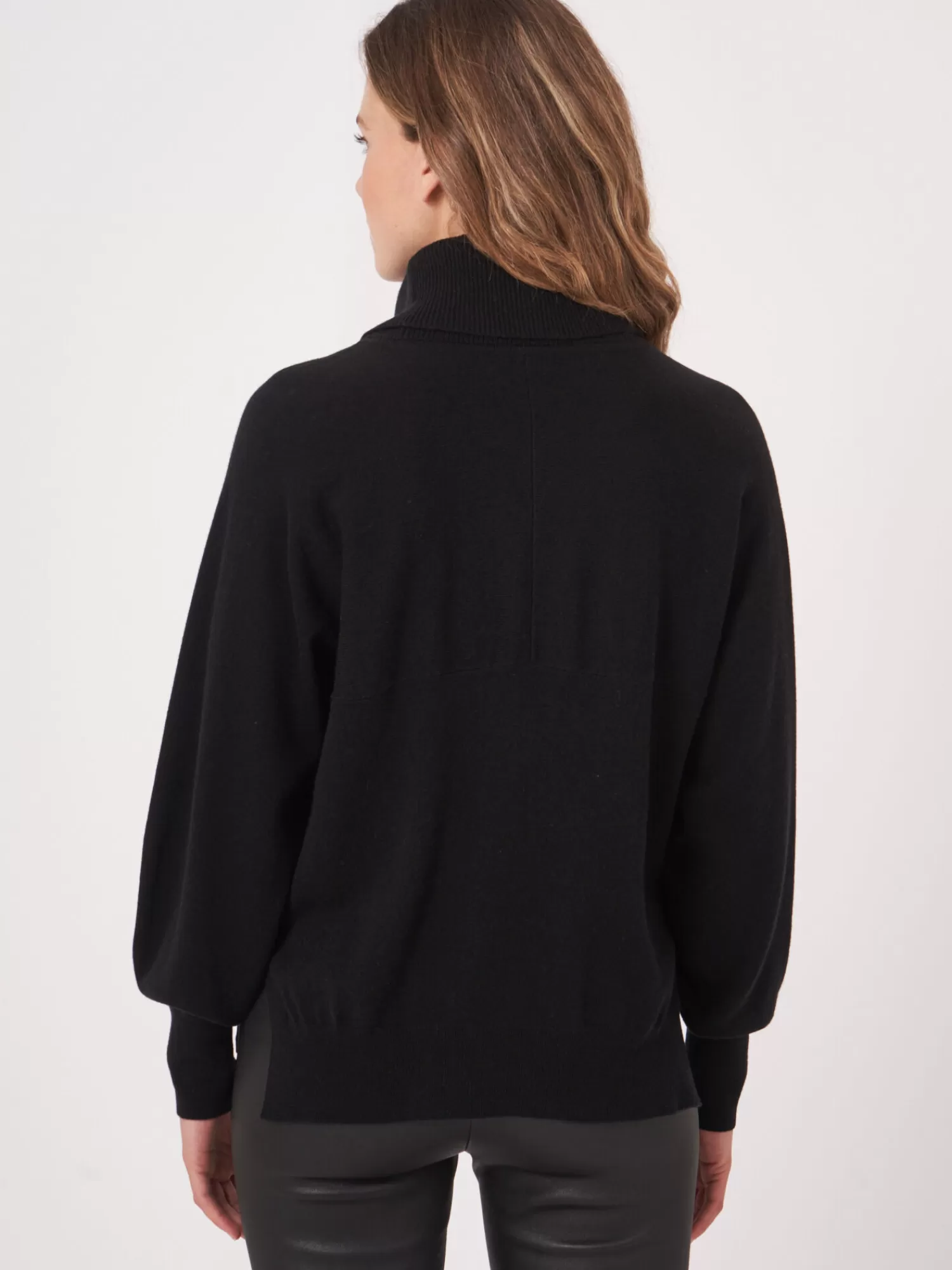 Pull femme chic à col roulé côtelé et manches ballon - Modèle oversized confortable