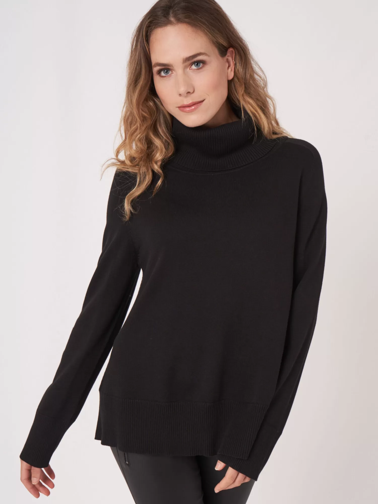 Pull femme doux en mélange coton - Col roulé large côtelé, confort et style intemporel pour un look décontracté