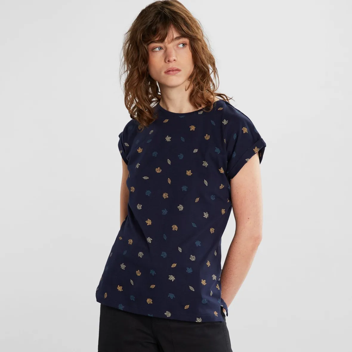 T-shirt Femme Visby Motif Feuilles d'Automne - Bleu Marine Boutique en Ligne & Soldes Exclusives